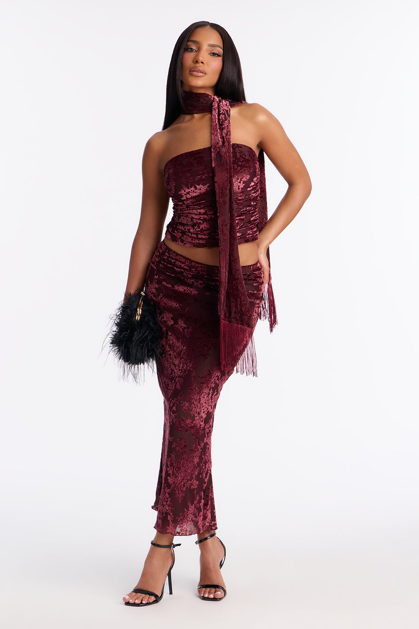 Vera 3 Piece Velvet Burnout Mesh Skirt Set - Burgundy