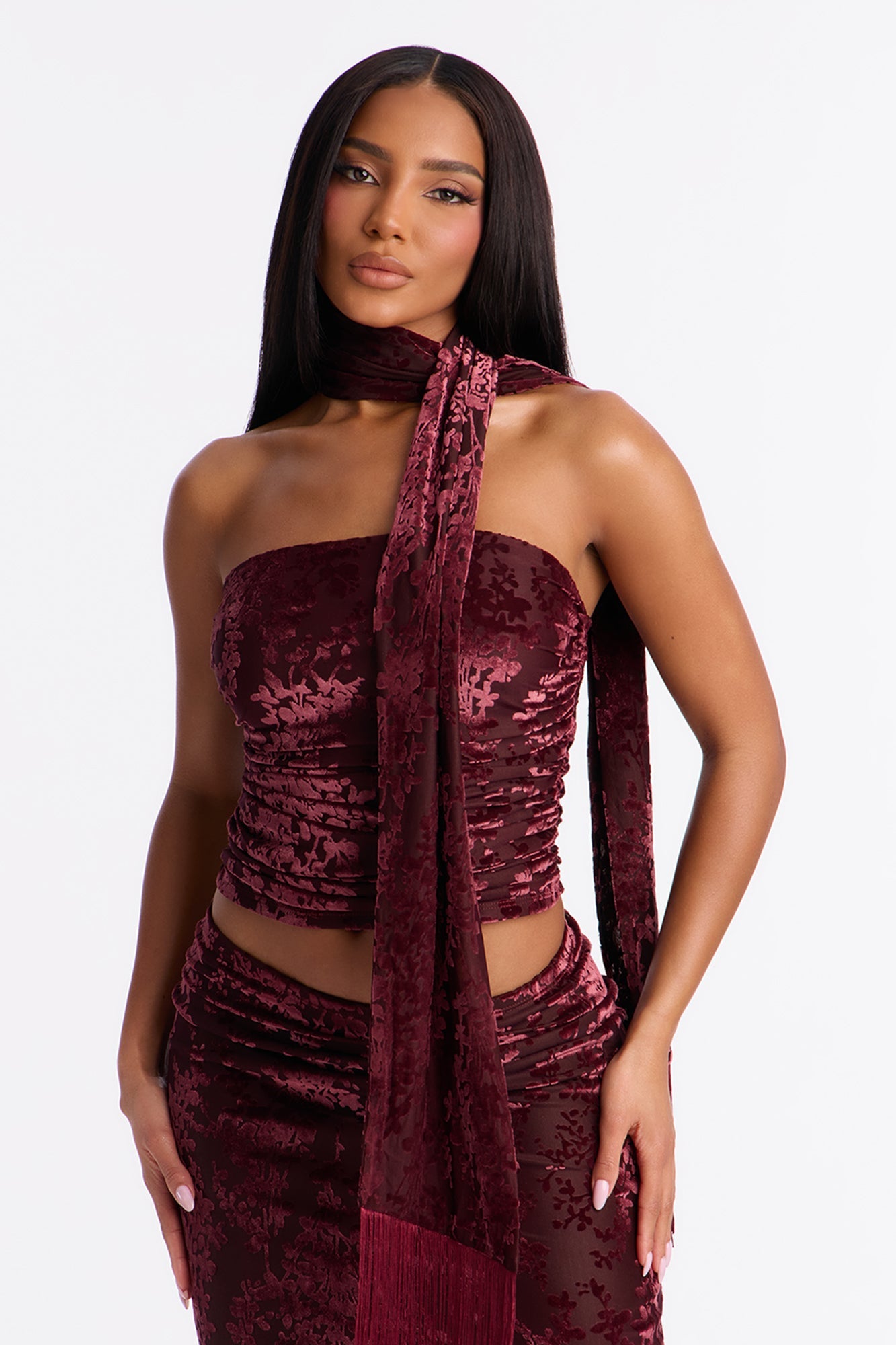 Vera 3 Piece Velvet Burnout Mesh Skirt Set - Burgundy