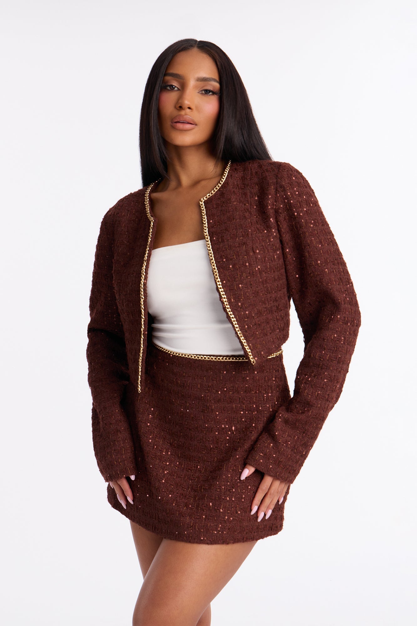 Golden Era Embellished Tweed Blazer Skirt Set - Brown
