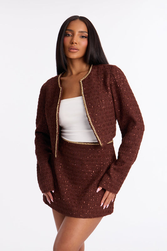 Golden Era Embellished Tweed Blazer Skirt Set - Brown
