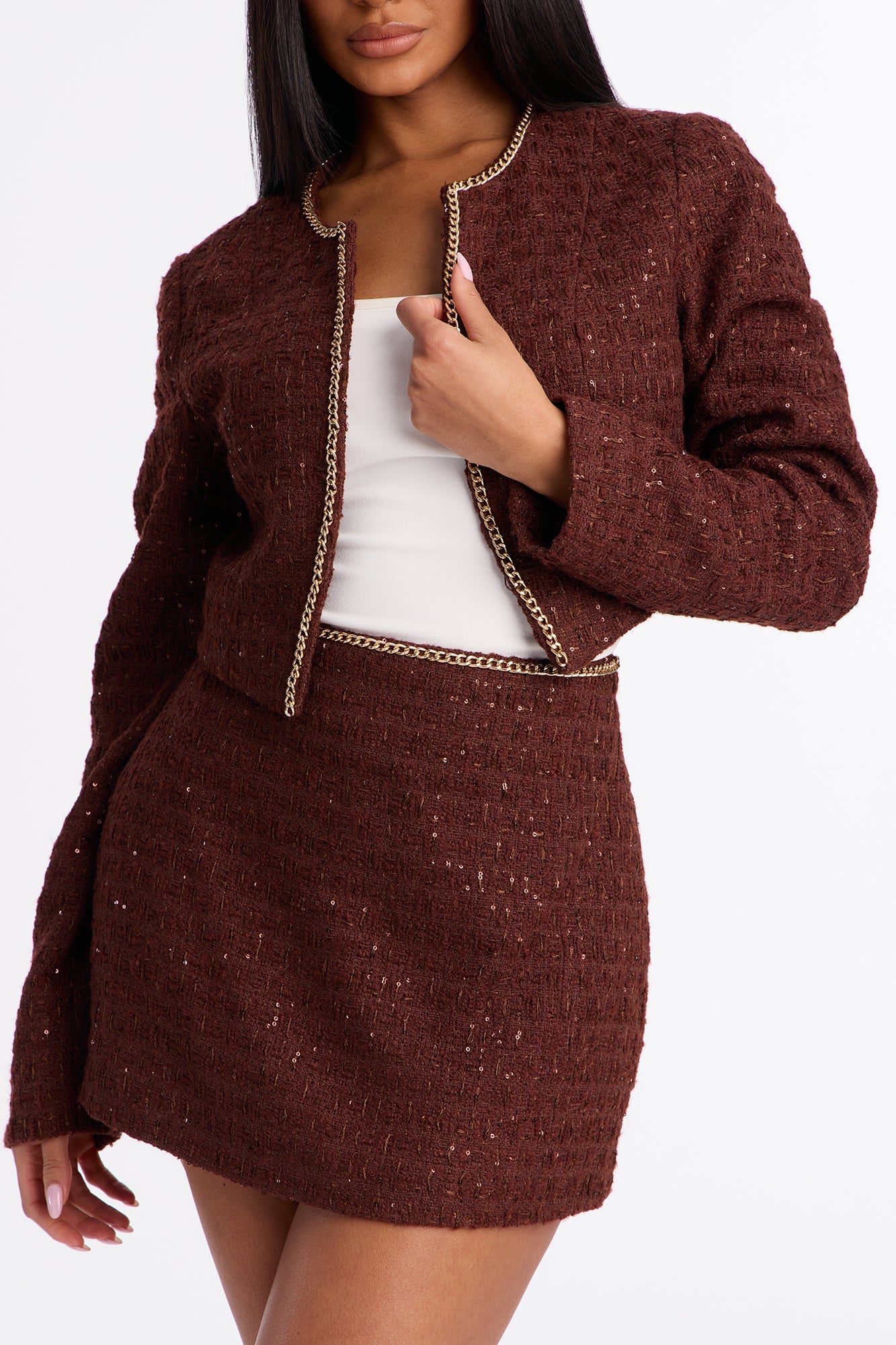 Golden Era Embellished Tweed Blazer Skirt Set - Brown
