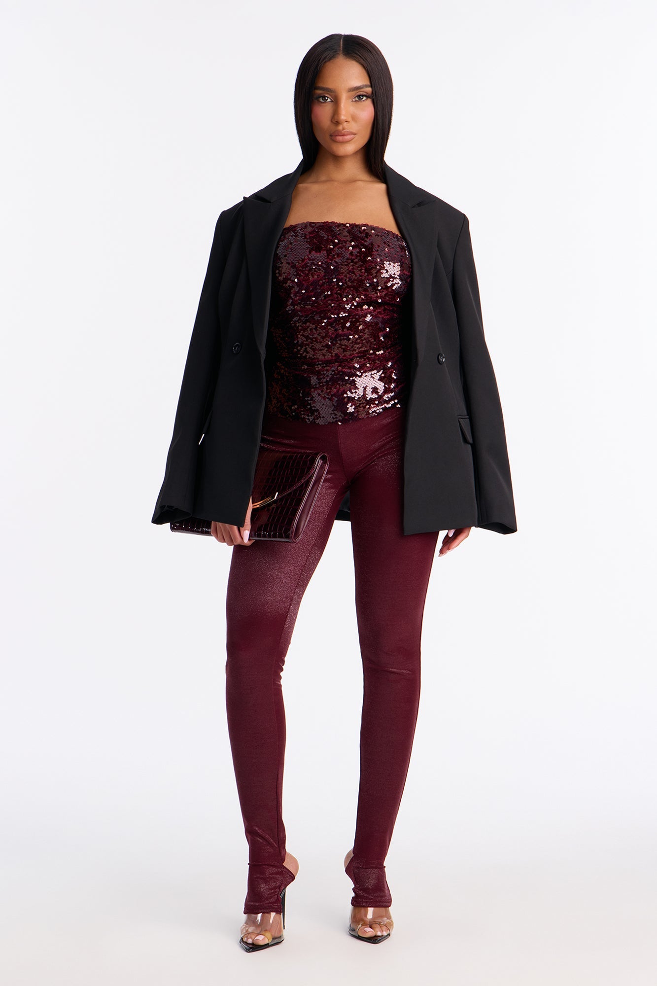 Celestial Aura Mid Rise Lurex Footed Legging - Burgundy