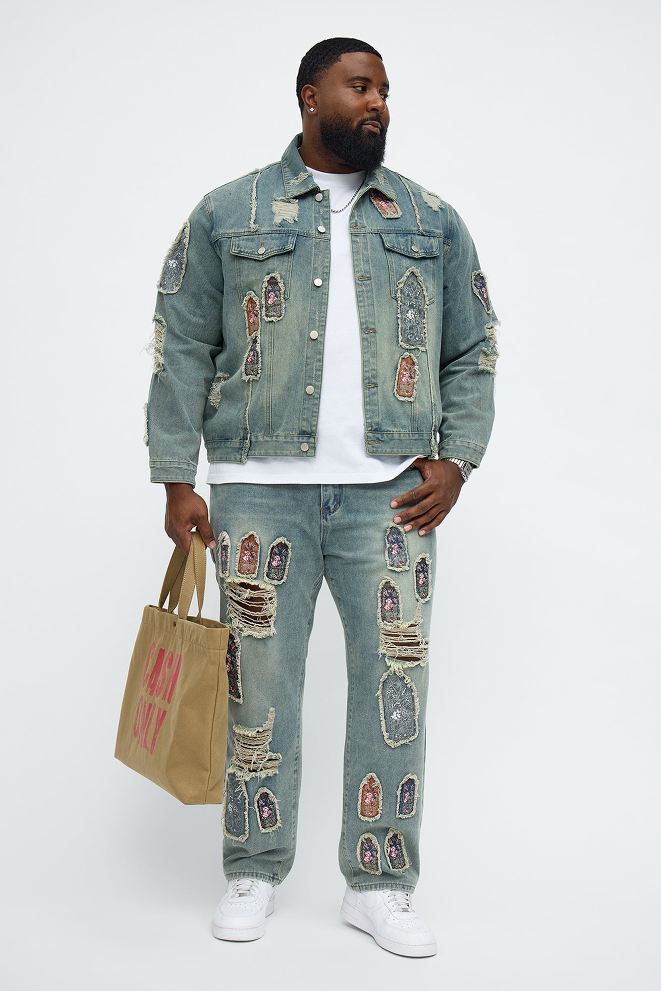 Holy Windows Patched Distressed Denim Trucker Jacket - Vintage Blue Wash