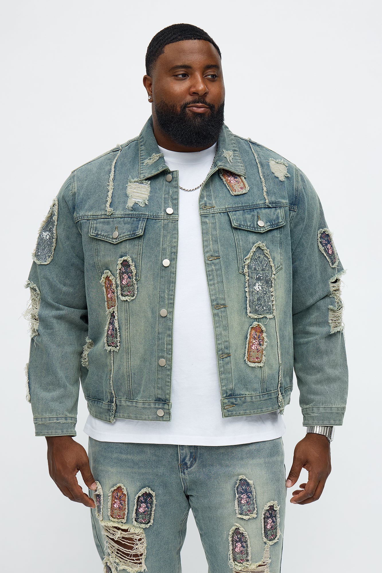 Holy Windows Patched Distressed Denim Trucker Jacket - Vintage Blue Wash