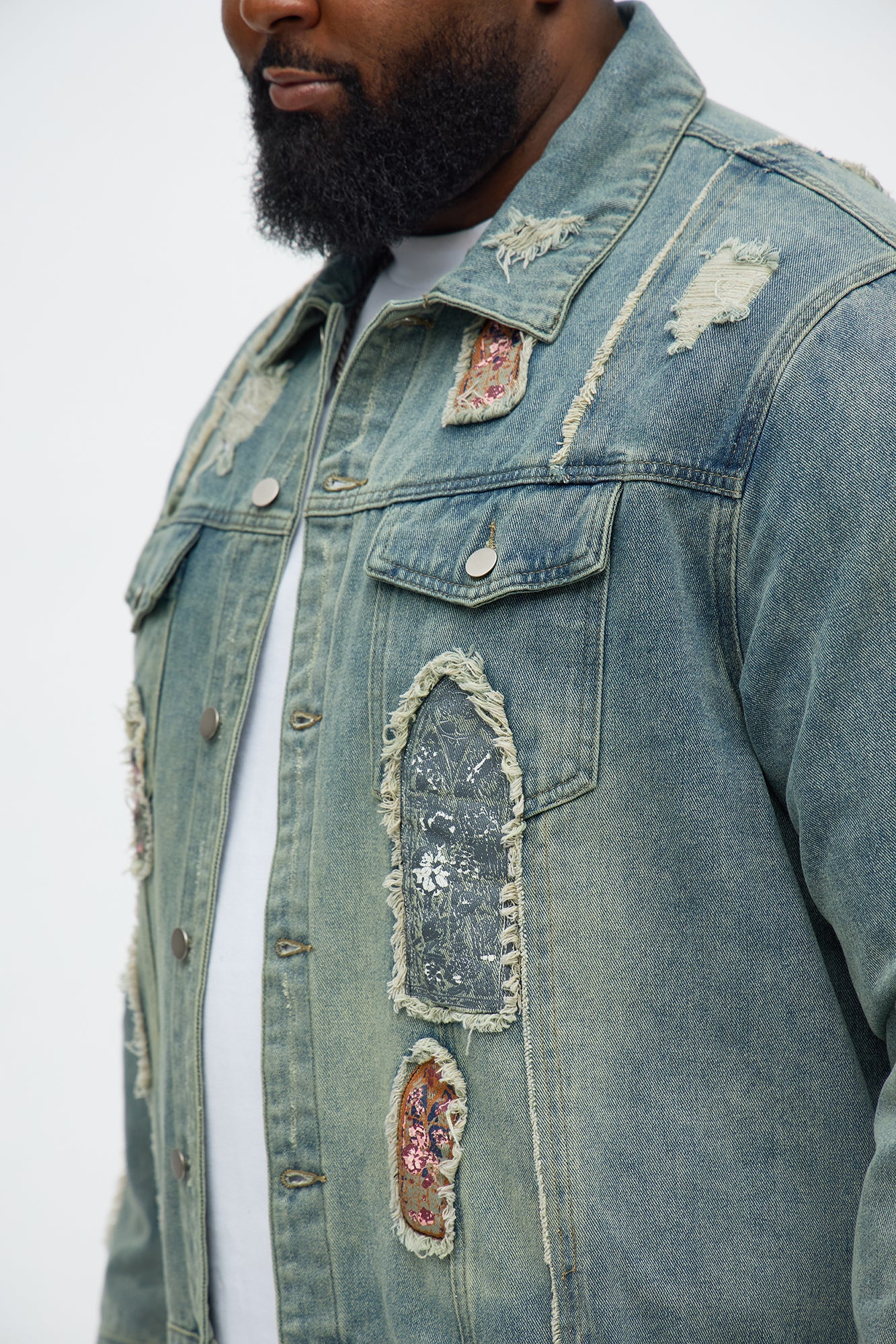 Holy Windows Patched Distressed Denim Trucker Jacket - Vintage Blue Wash