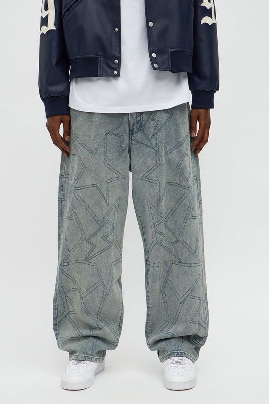 Baggy All Star Embroidered Jean - Vintage Blue Wash