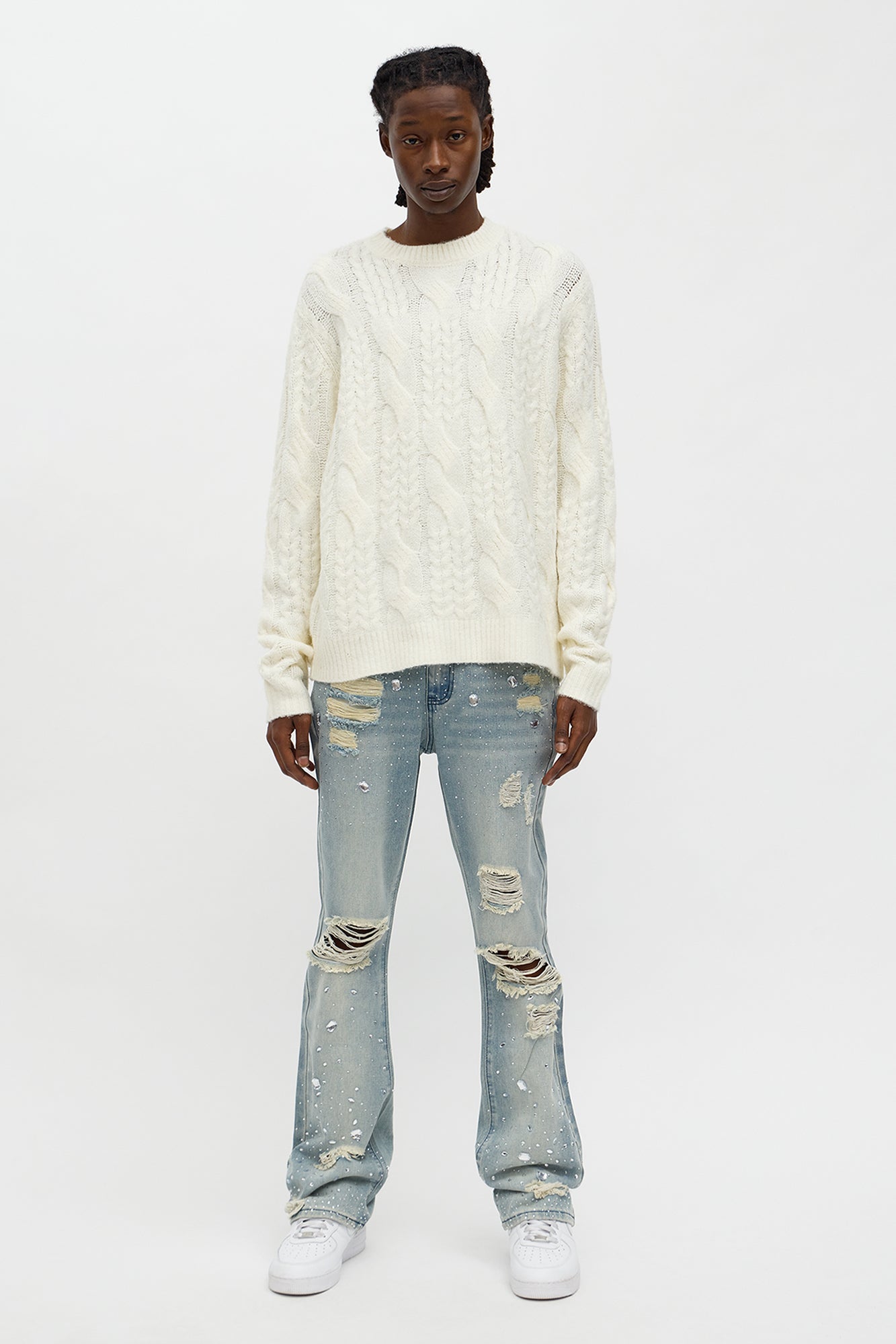 Stacked Skinny Flare Walk Me Through Jeweled Distressed Jean - Medium Blue Wash