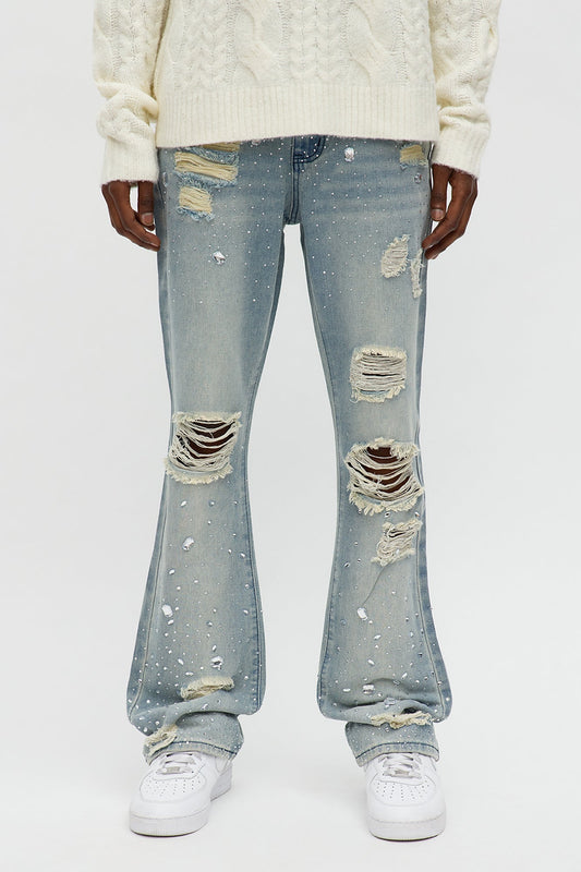 Stacked Skinny Flare Walk Me Through Jeweled Distressed Jean - Medium Blue Wash