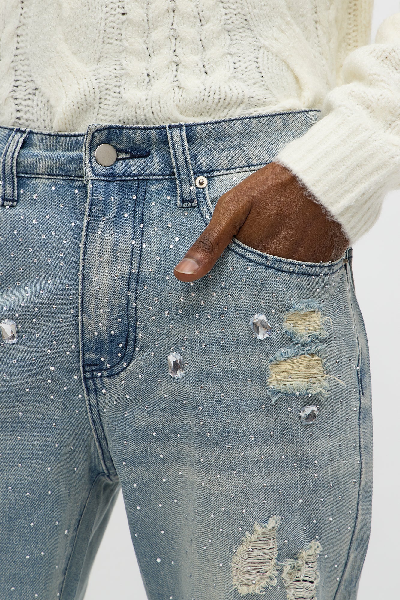 Stacked Skinny Flare Walk Me Through Jeweled Distressed Jean - Medium Blue Wash