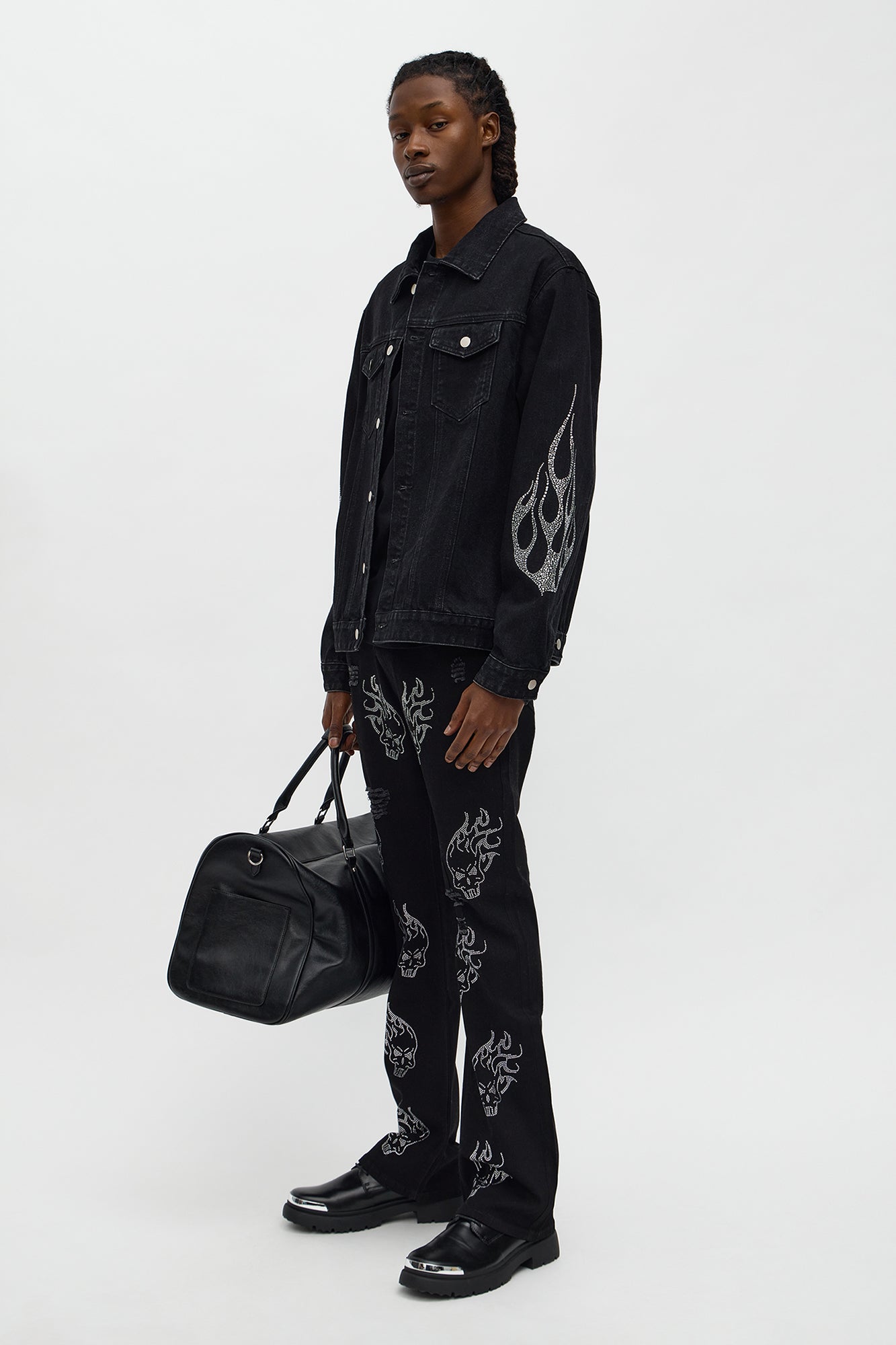 Stacked Skinny Flare Skulls Jeweled Distressed Jean - Black