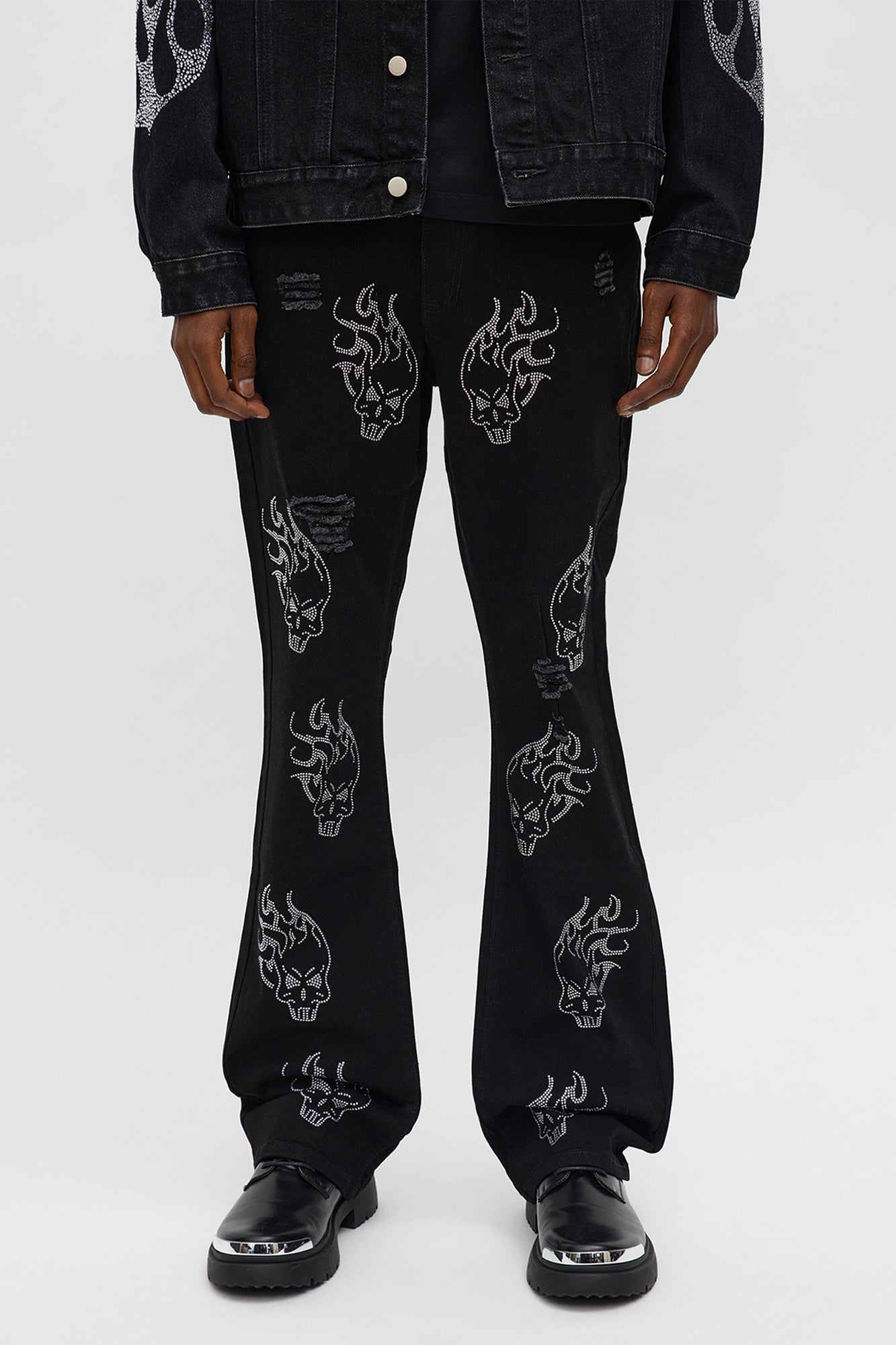 Stacked Skinny Flare Skulls Jeweled Distressed Jean - Black