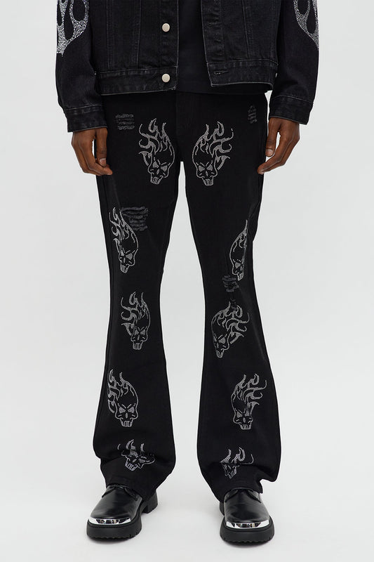 Stacked Skinny Flare Skulls Jeweled Distressed Jean - Black