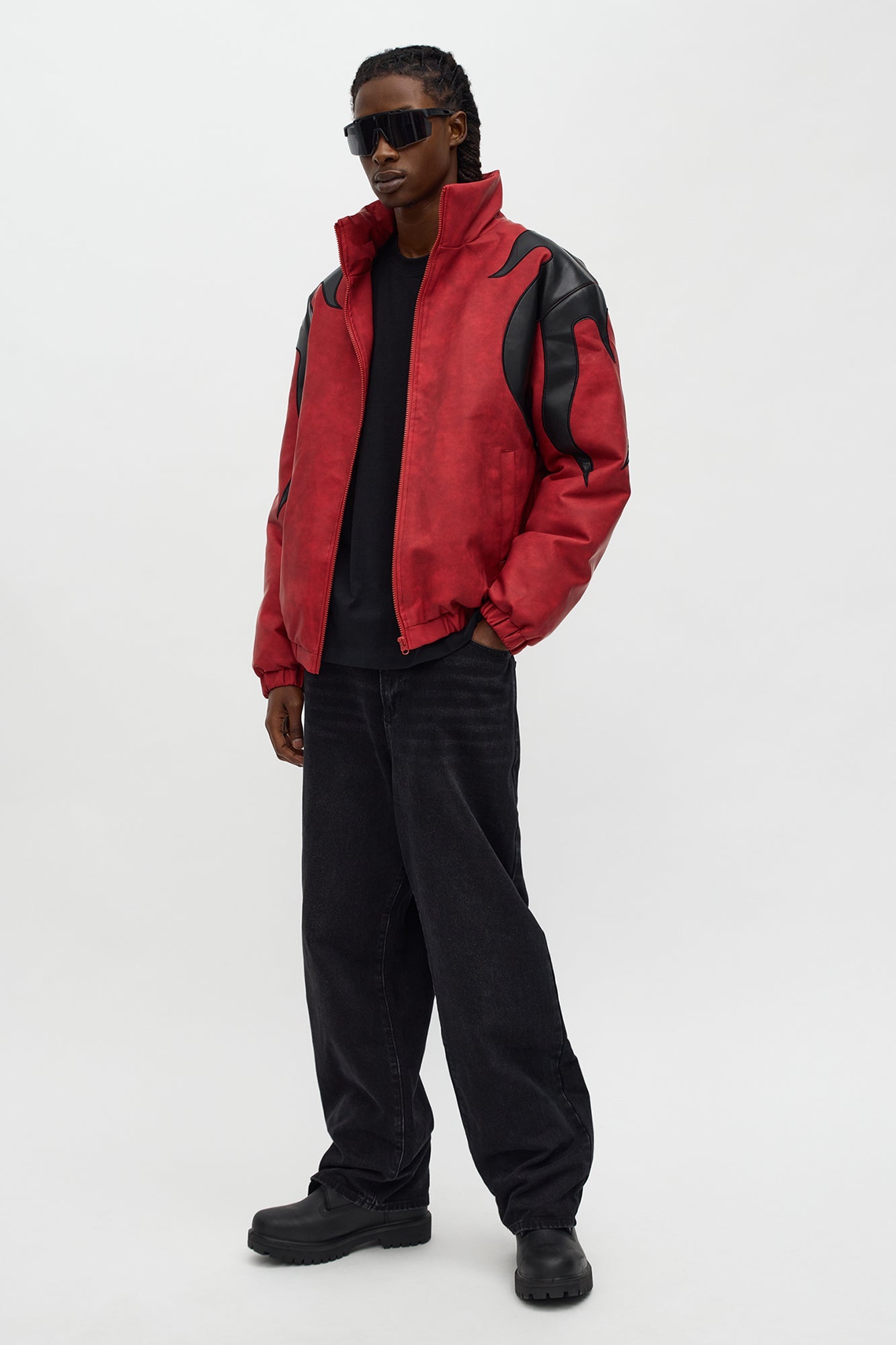 Up In Flames Faux Leather Puffer Jacket - Red/Black