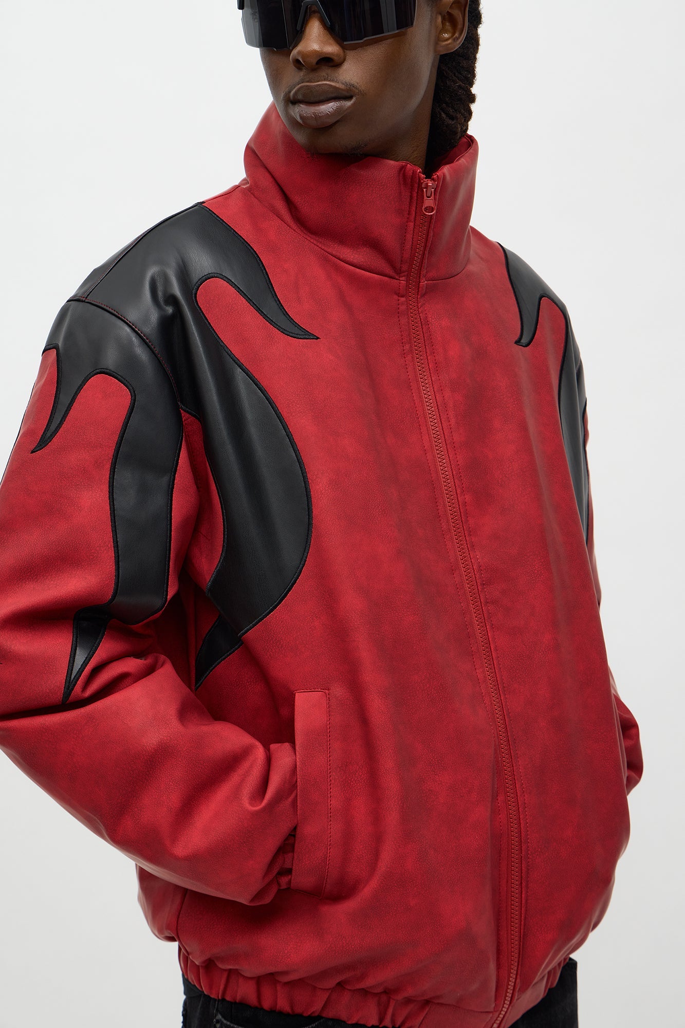 Up In Flames Faux Leather Puffer Jacket - Red/Black