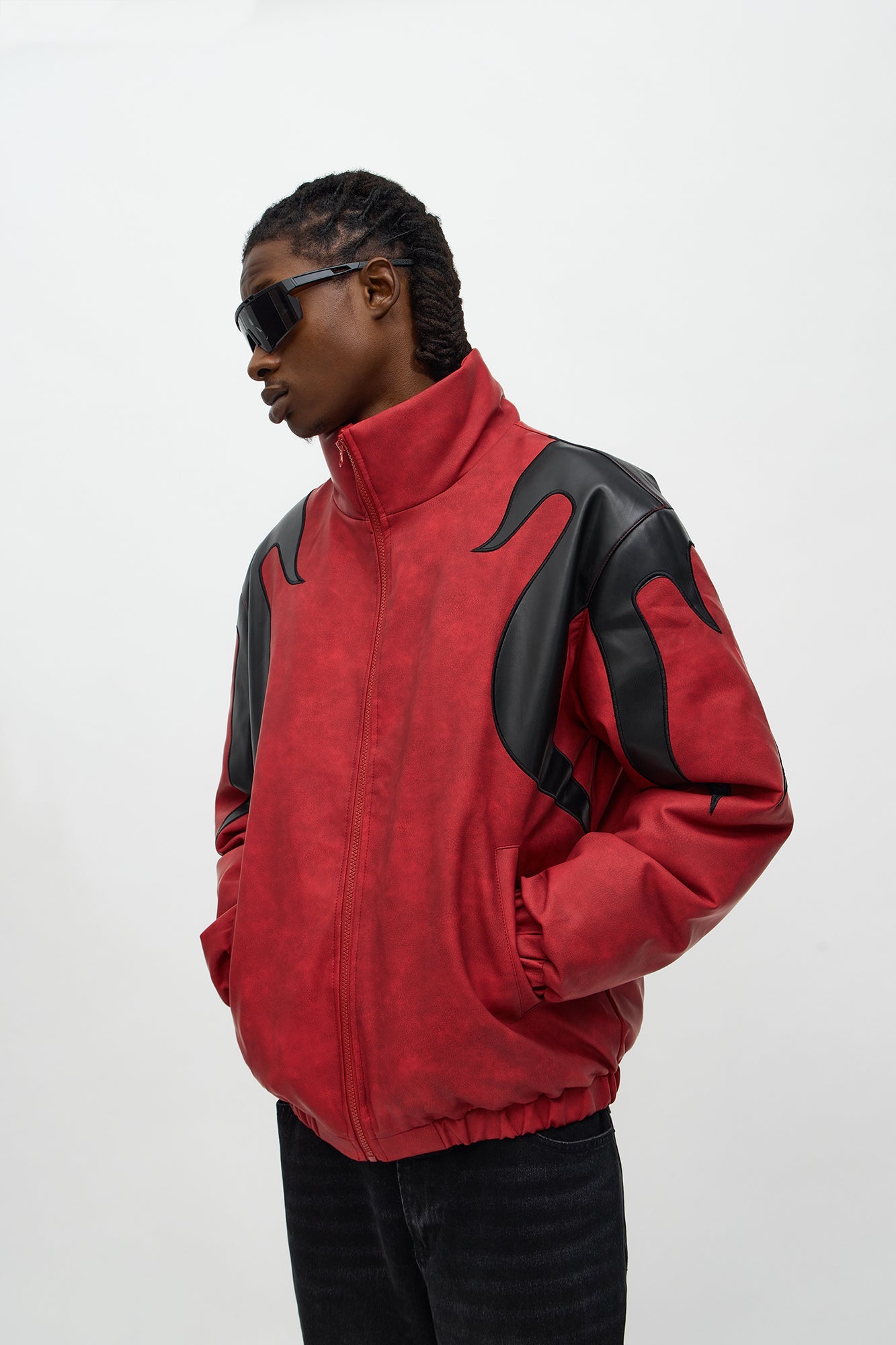 Up In Flames Faux Leather Puffer Jacket - Red/Black
