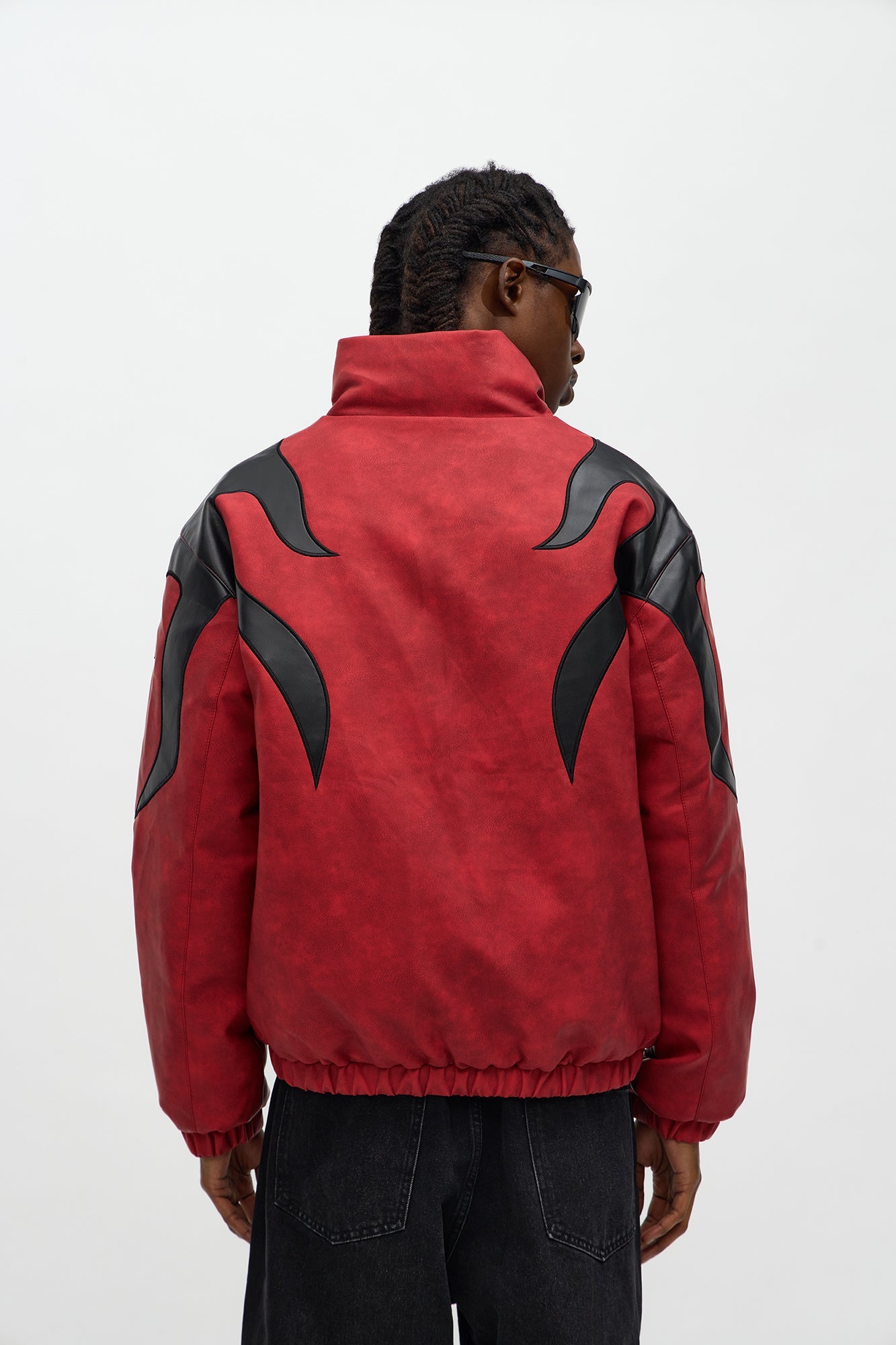 Up In Flames Faux Leather Puffer Jacket - Red/Black