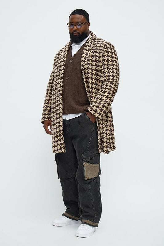 Relaxed Textured Houndstooth Faux Mohair Car Coat - Brown