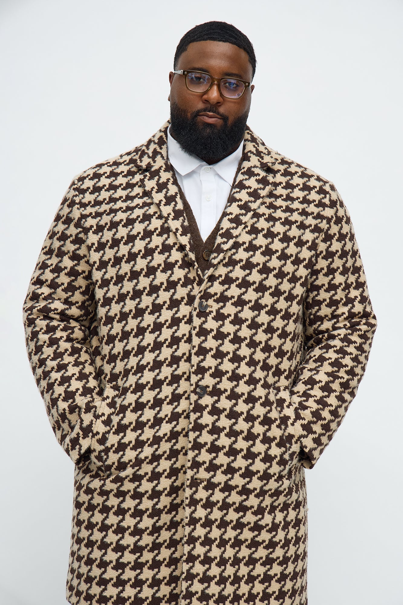 Relaxed Textured Houndstooth Faux Mohair Car Coat - Brown