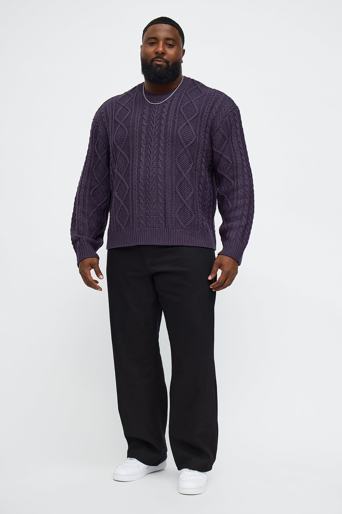 Cropped Fella's Night Cable Knit Crewneck Sweater - Purple