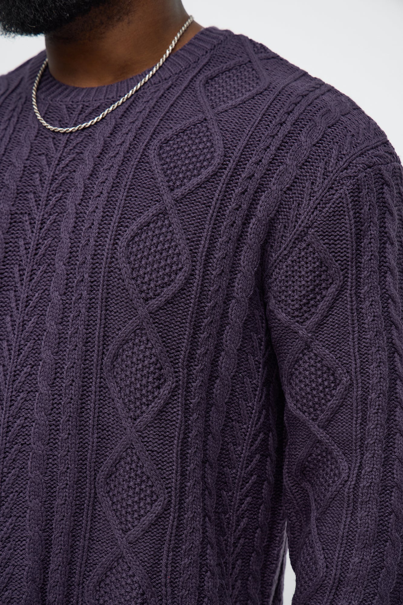Cropped Fella's Night Cable Knit Crewneck Sweater - Purple