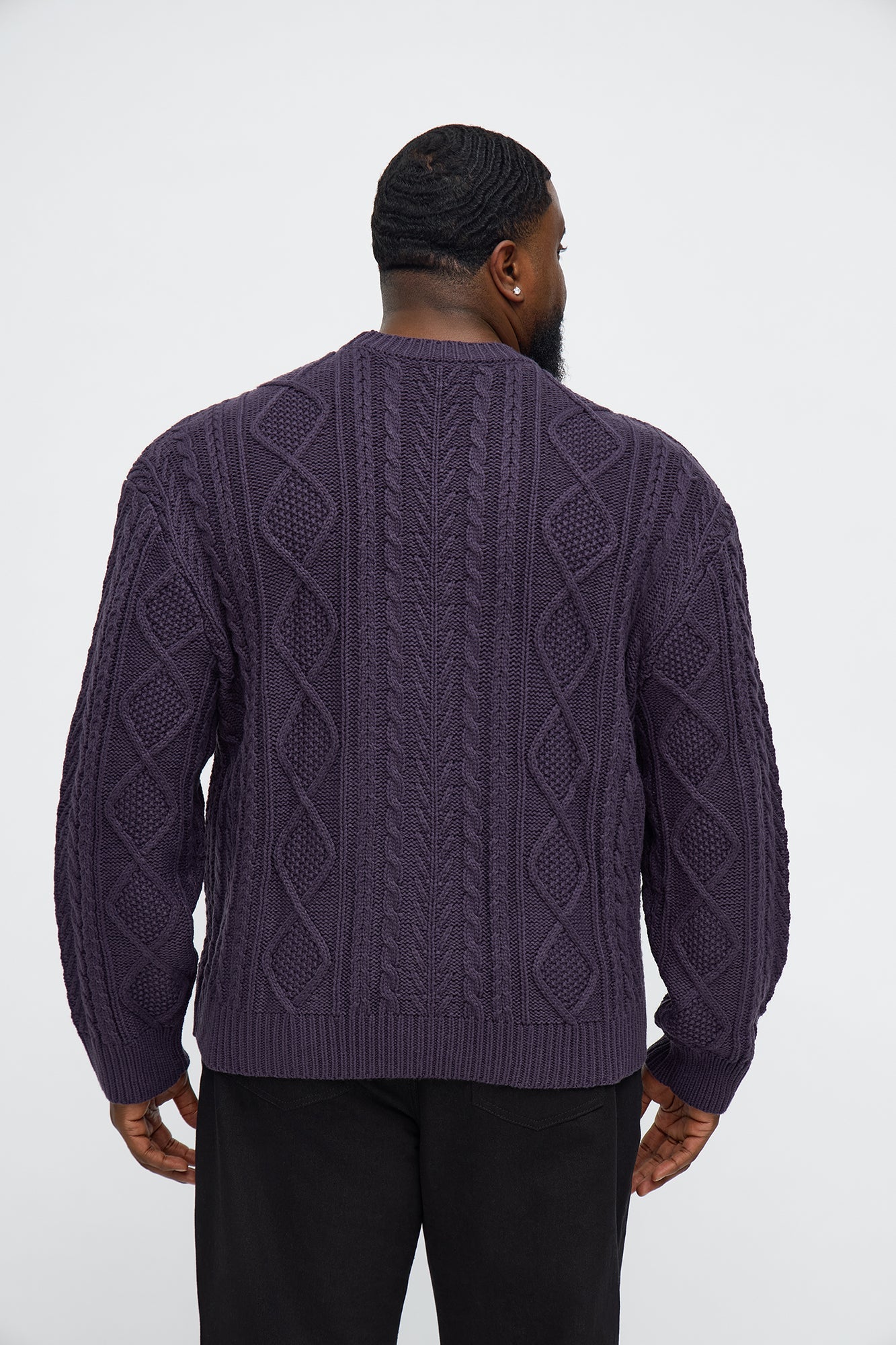 Cropped Fella's Night Cable Knit Crewneck Sweater - Purple