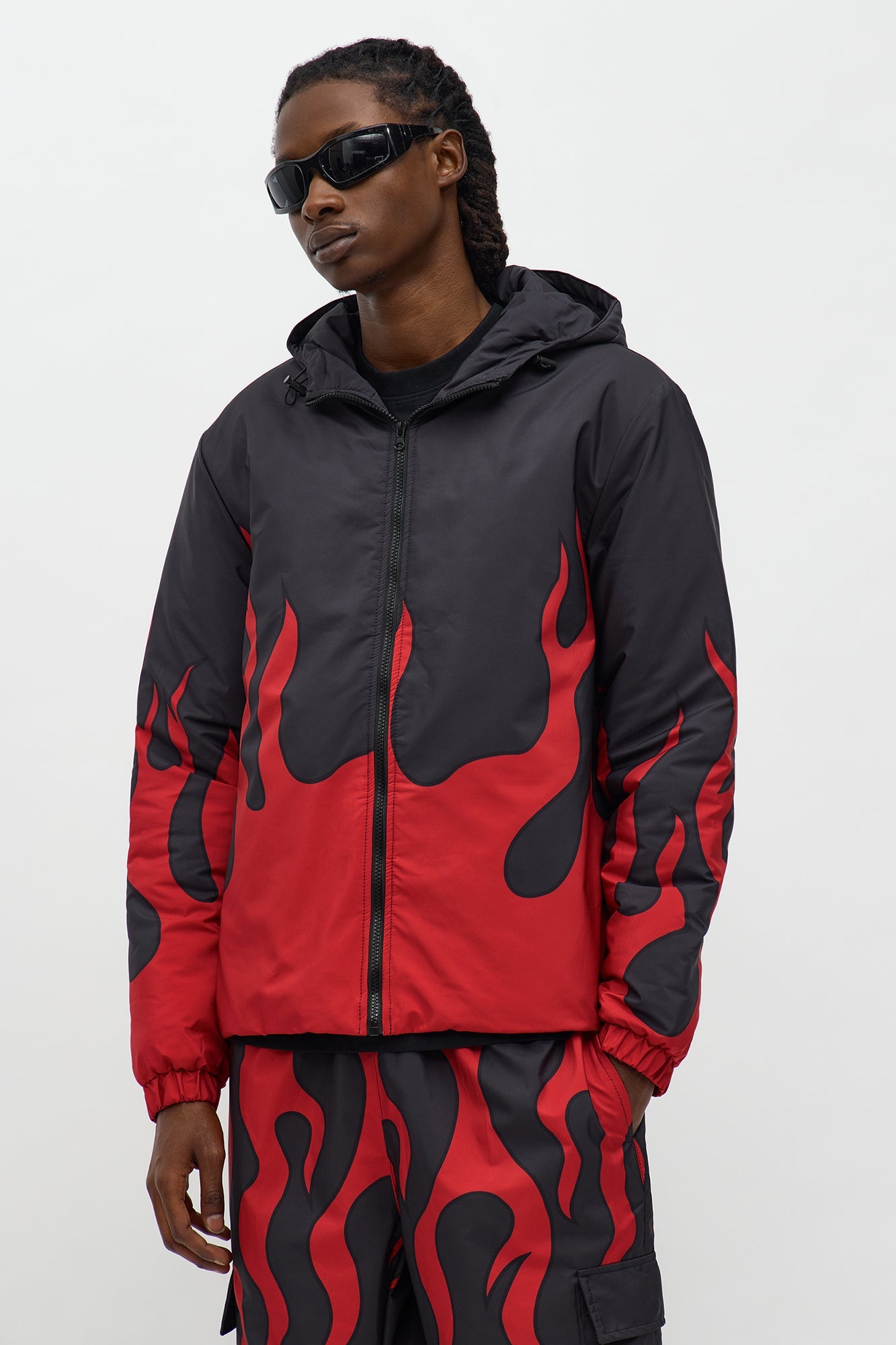 Hooded Chase Flame Puffer Jacket - Red/combo