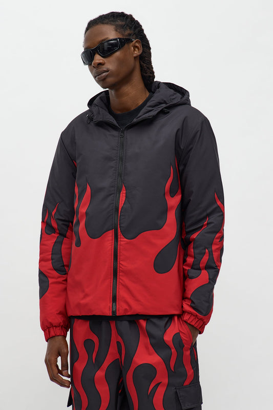 Hooded Chase Flame Puffer Jacket - Red/combo