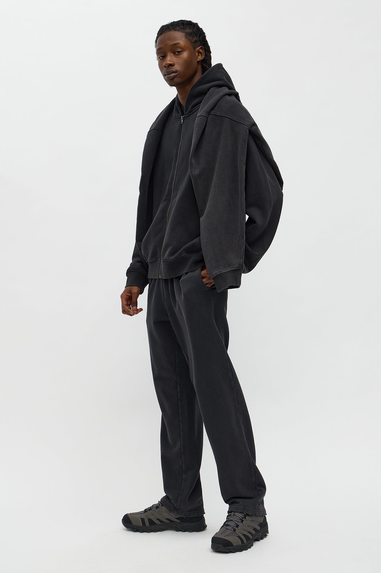 Oversized Heavyweight Vintage Washed French Terry Zip Hoodie - Black Wash