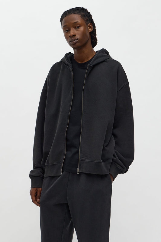 Oversized Heavyweight Vintage Washed French Terry Zip Hoodie - Black Wash
