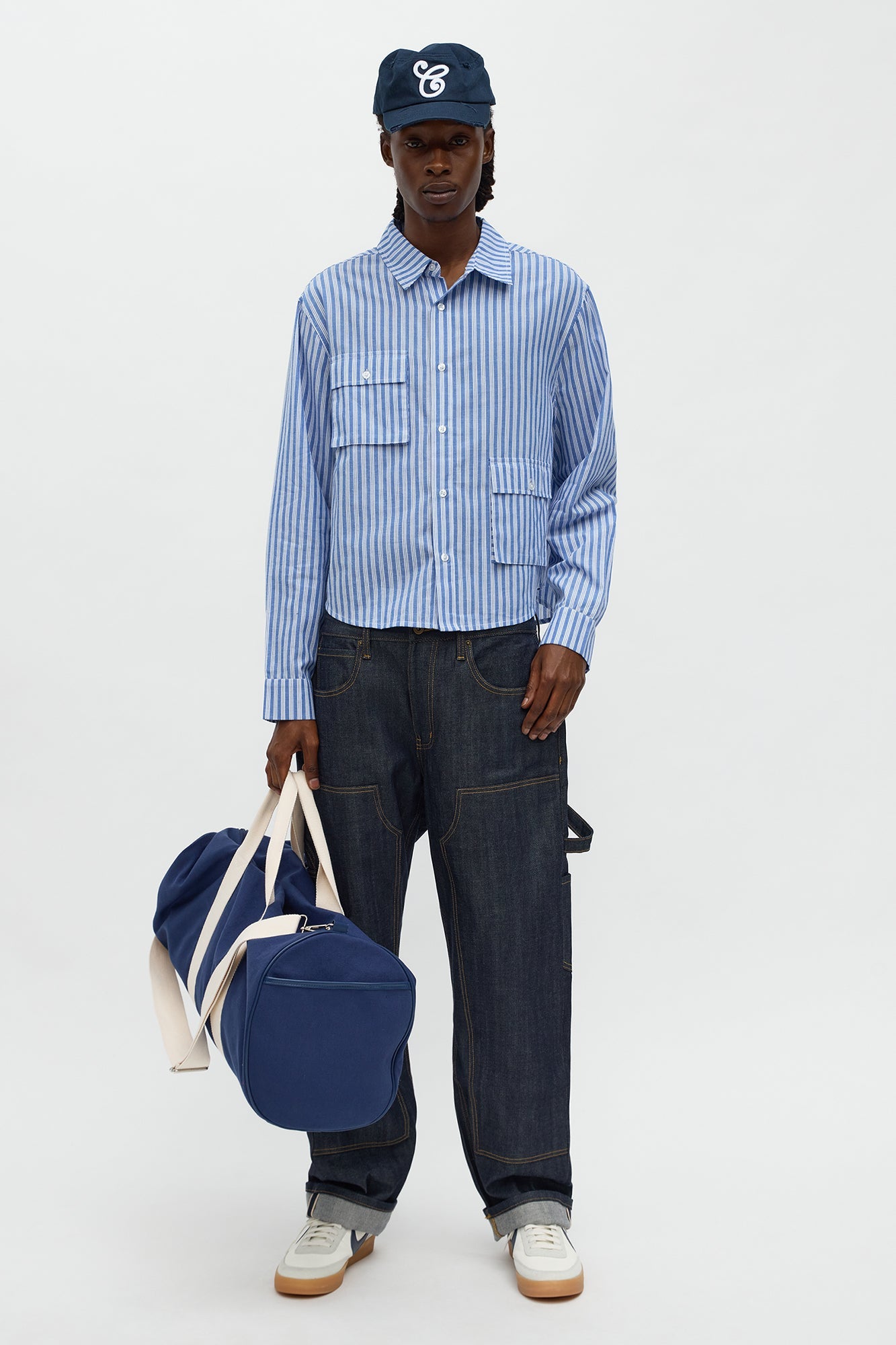 Cropped Cargo Pocket Long Sleeve Button Up Shirt - Blue/combo