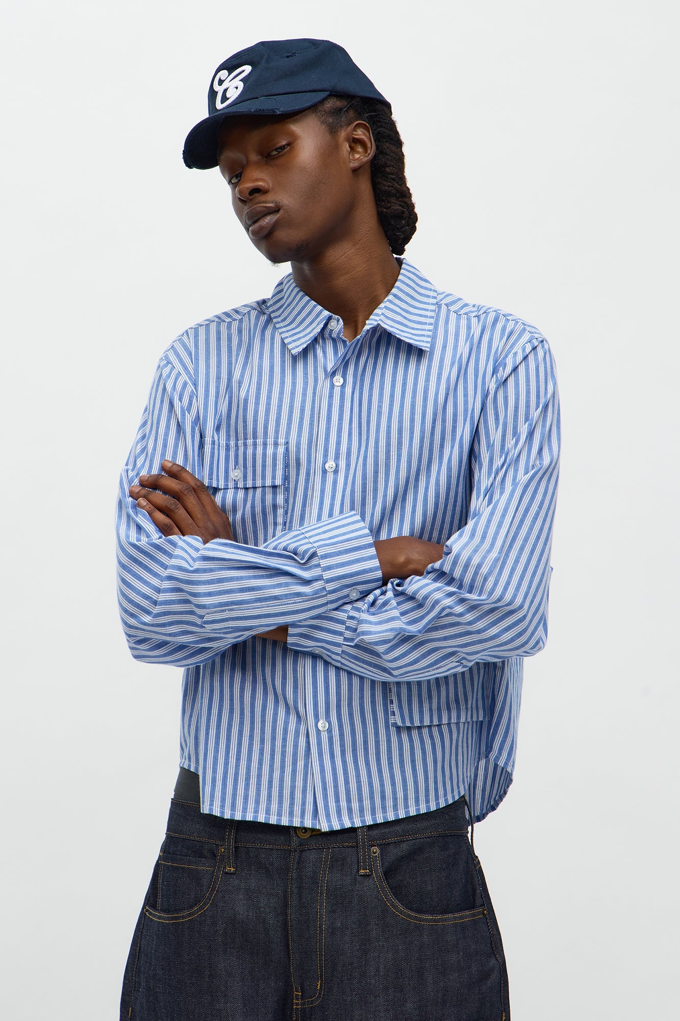 Cropped Cargo Pocket Long Sleeve Button Up Shirt - Blue/combo