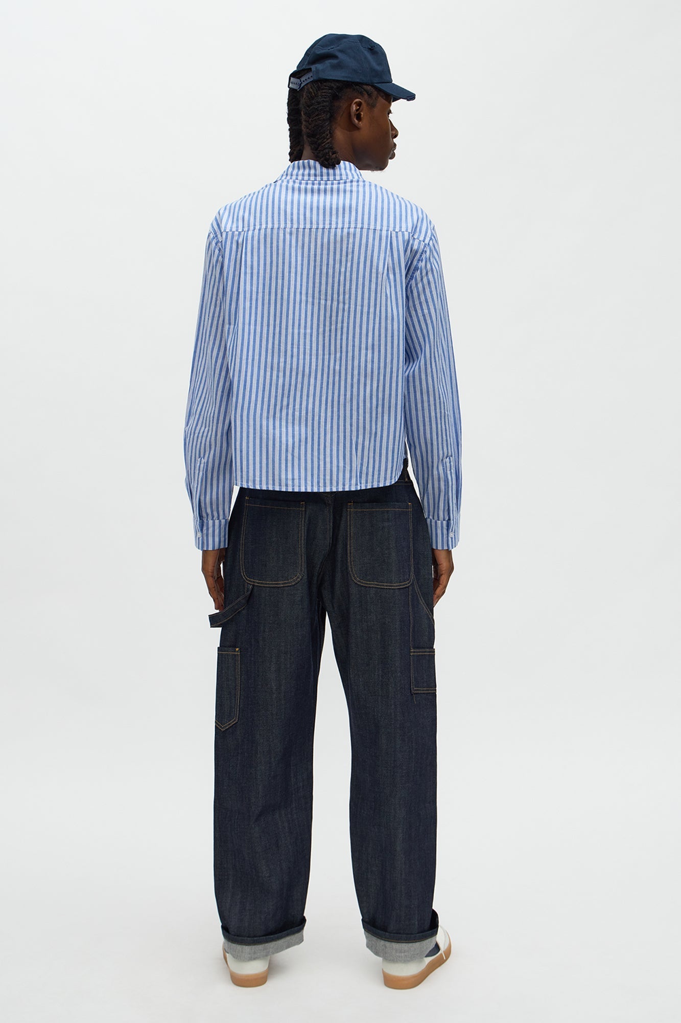 Cropped Cargo Pocket Long Sleeve Button Up Shirt - Blue/combo