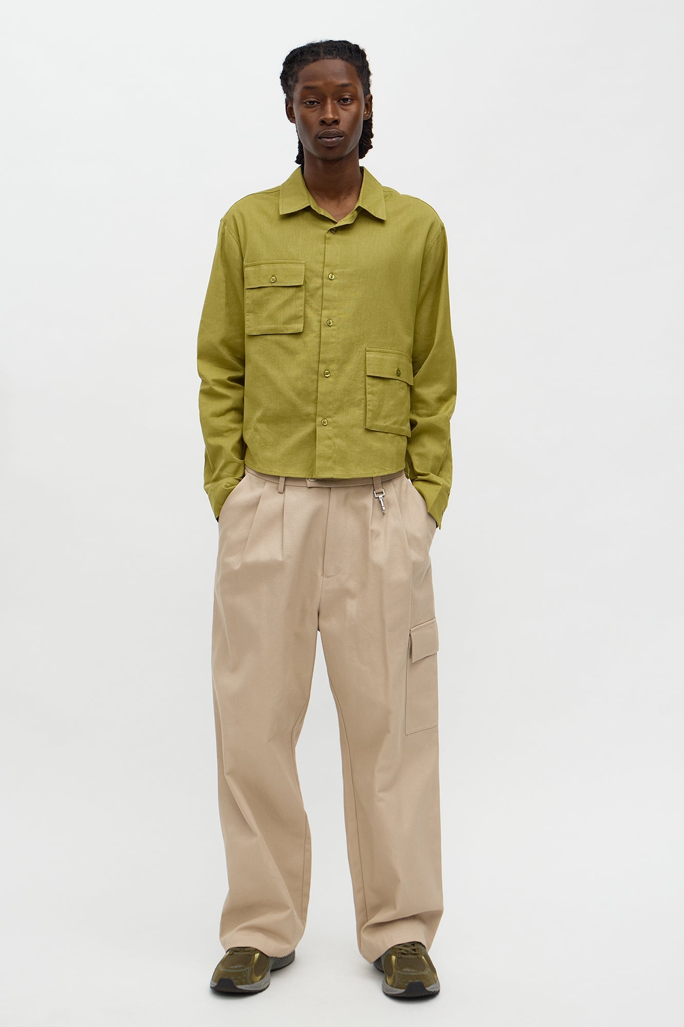 Cargo Pocket Solid Long Sleeve Button Up Shirt - Olive