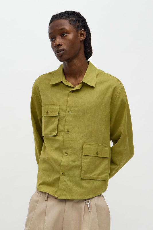 Cargo Pocket Solid Long Sleeve Button Up Shirt - Olive