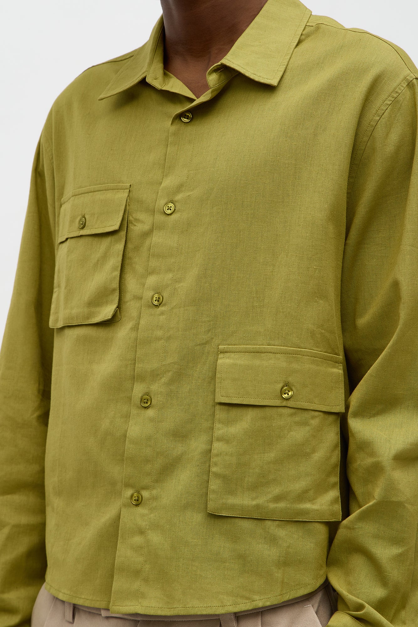 Cargo Pocket Solid Long Sleeve Button Up Shirt - Olive