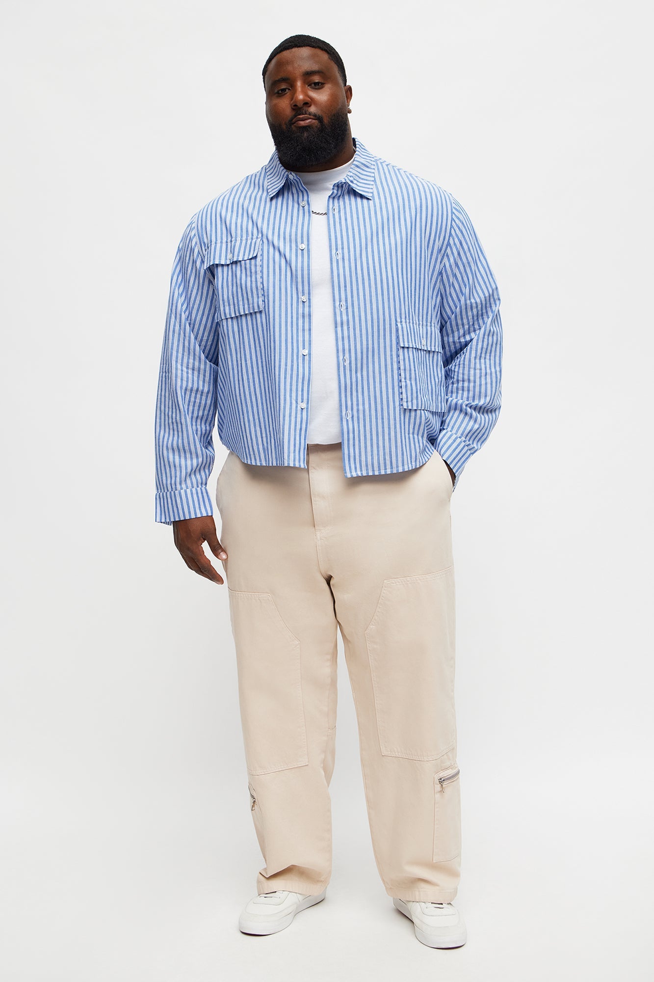 Cropped Cargo Pocket Long Sleeve Button Up Shirt - Blue/combo