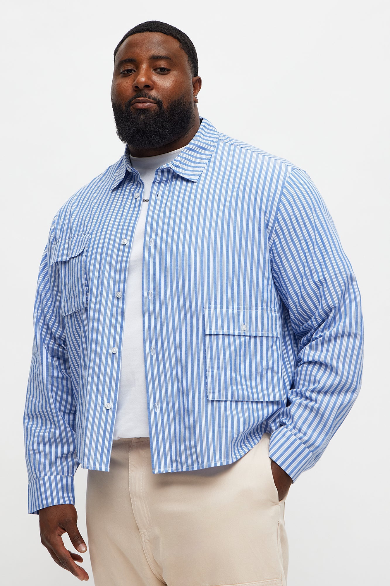 Cropped Cargo Pocket Long Sleeve Button Up Shirt - Blue/combo