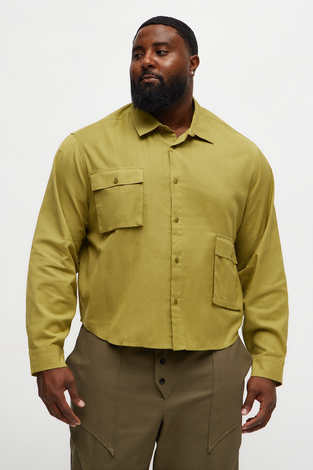 Cargo Pocket Solid Long Sleeve Button Up Shirt - Olive