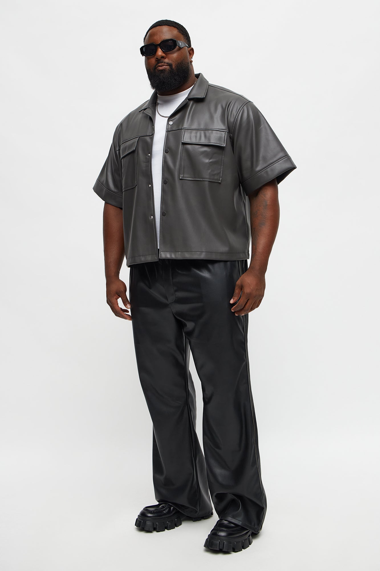 High Stepper Faux Leather Button Up Shirt - Dark Grey