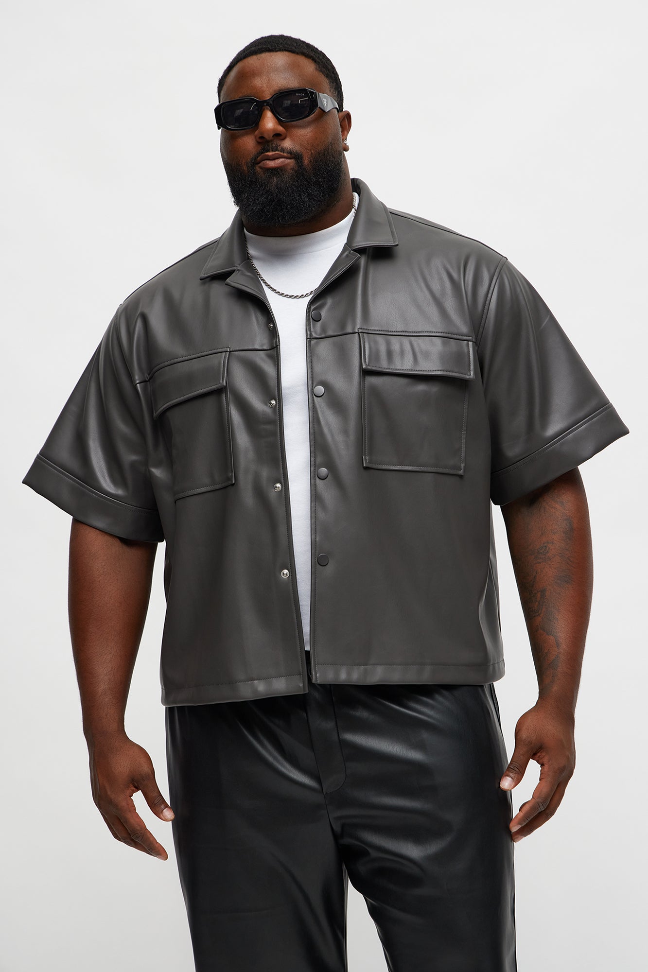 High Stepper Faux Leather Button Up Shirt - Dark Grey