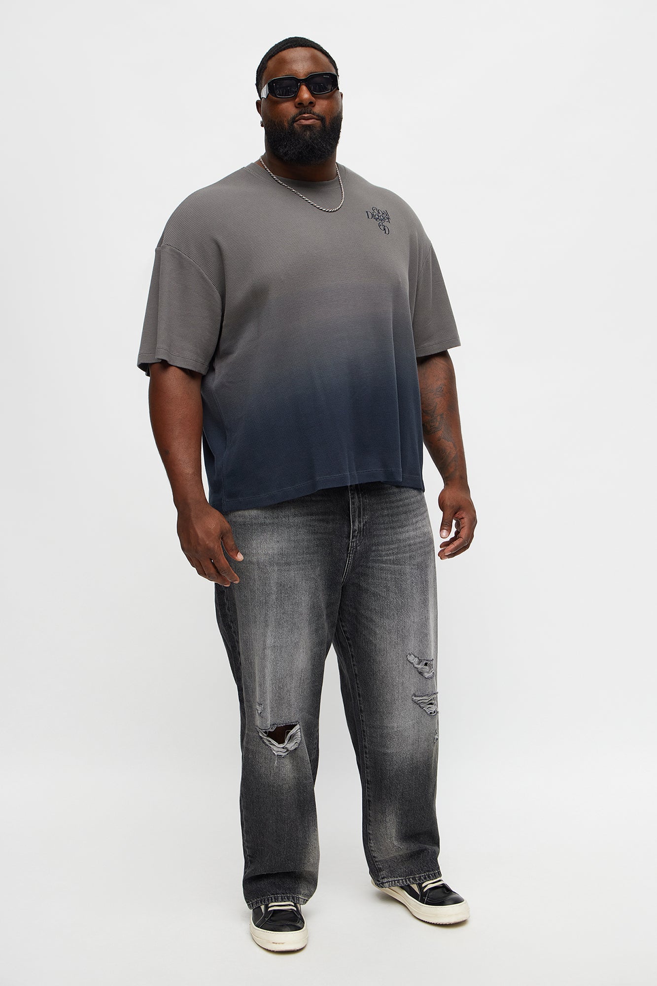 Gradient Waffle Knit Crewneck Tee - Grey/combo