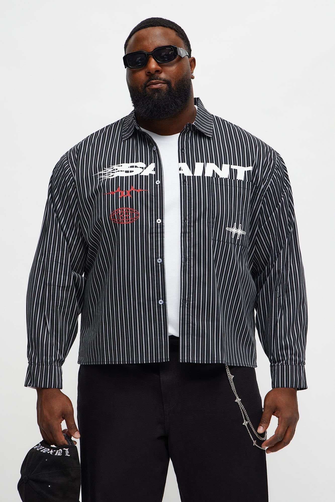 Cropped Pin Stripe Saint Button Up Shirt - Black