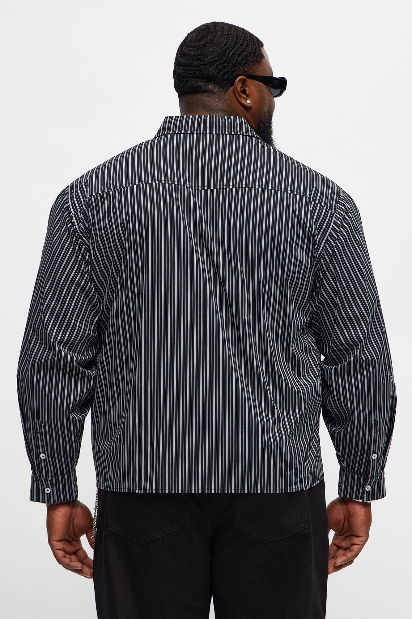 Cropped Pin Stripe Saint Button Up Shirt - Black