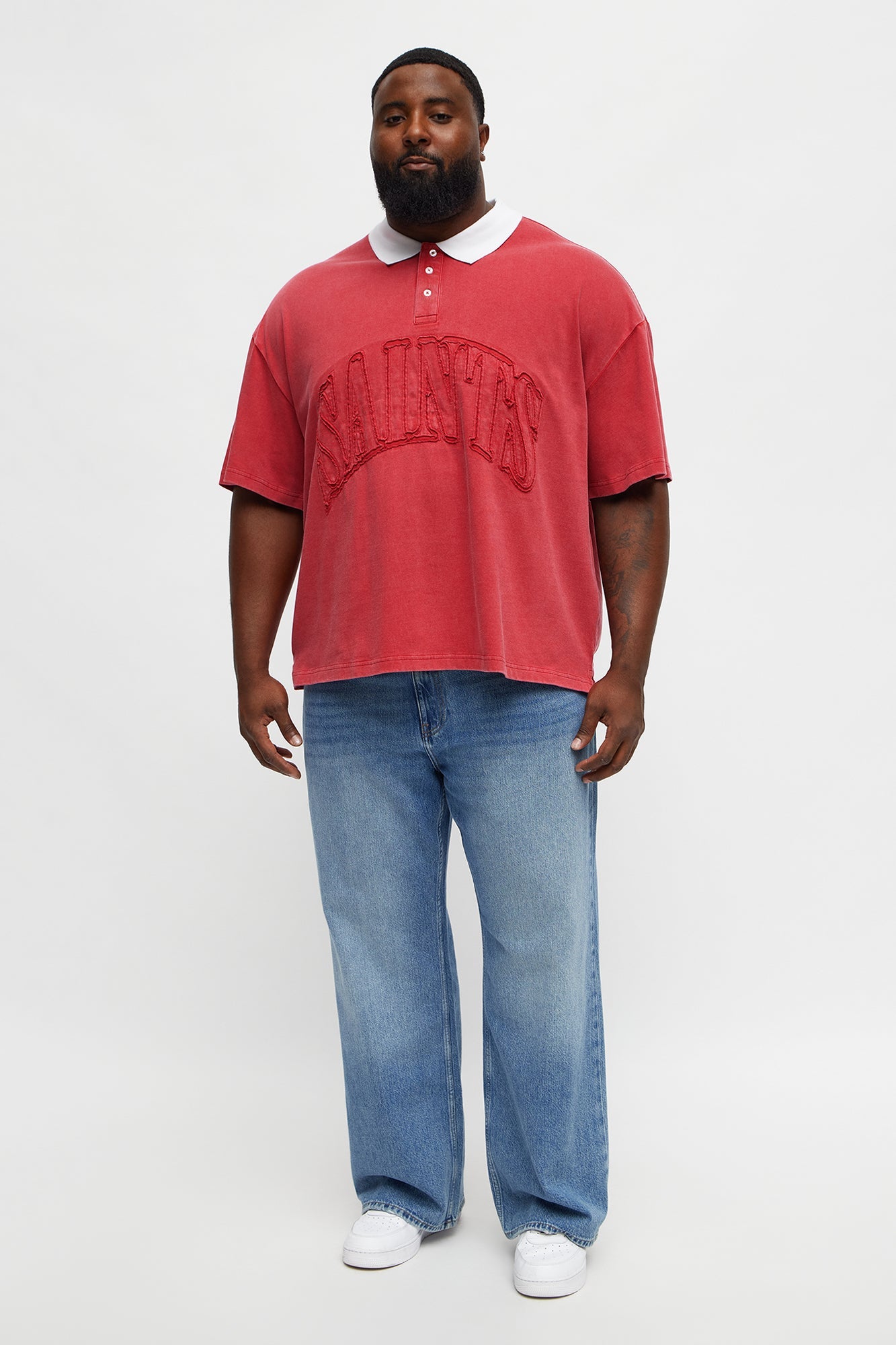 Relaxed Saints Distressed Short Sleeve Polo - Red/combo