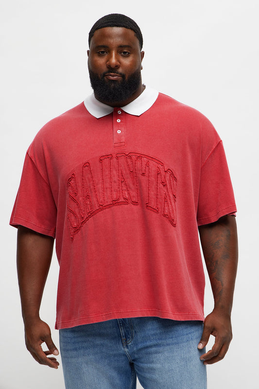 Relaxed Saints Distressed Short Sleeve Polo - Red/combo