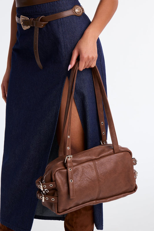 Down The Block Faux Leather Shoulder Handbag - Brown