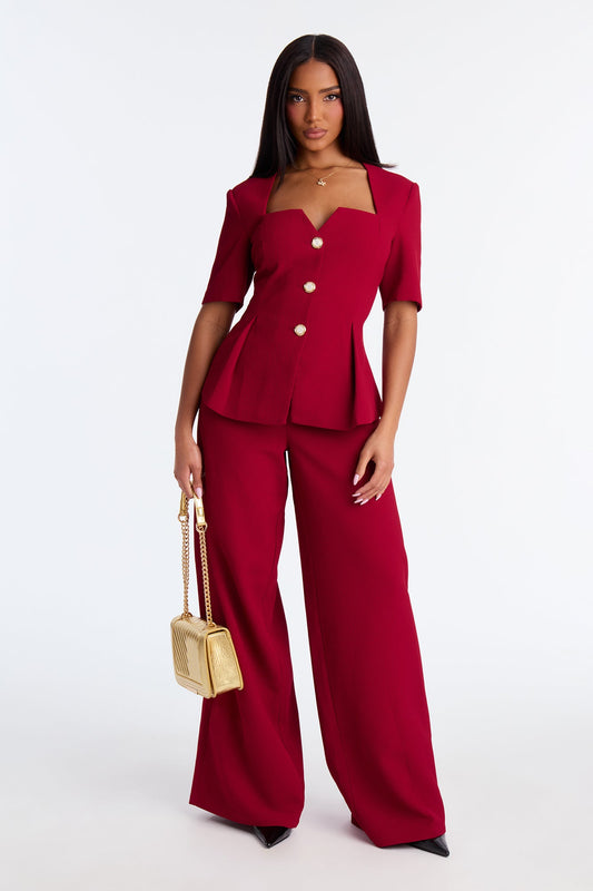 Power And Poise Peplum Wide Leg Pant Set - Burgundy