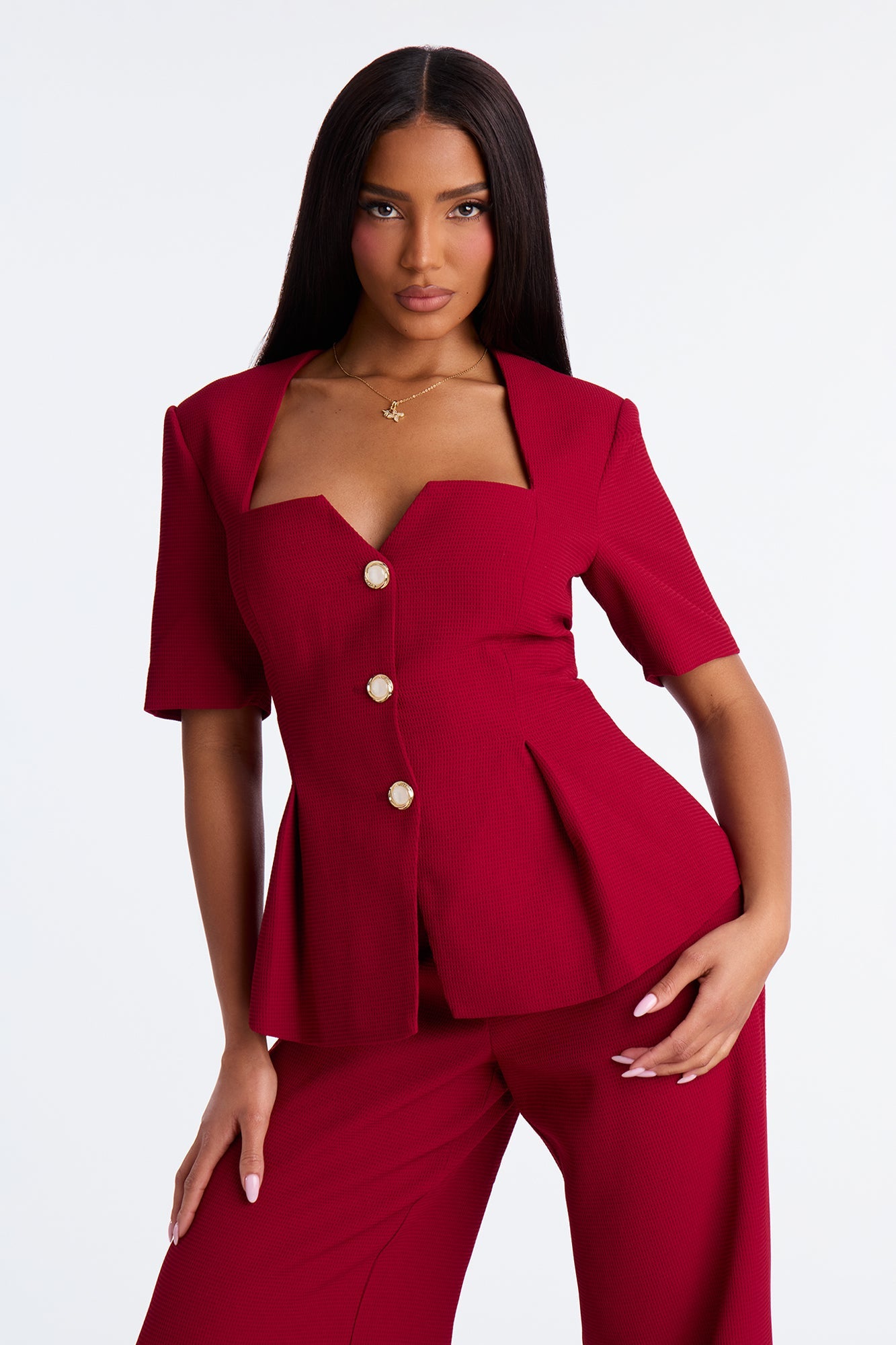 Power And Poise Peplum Wide Leg Pant Set - Burgundy