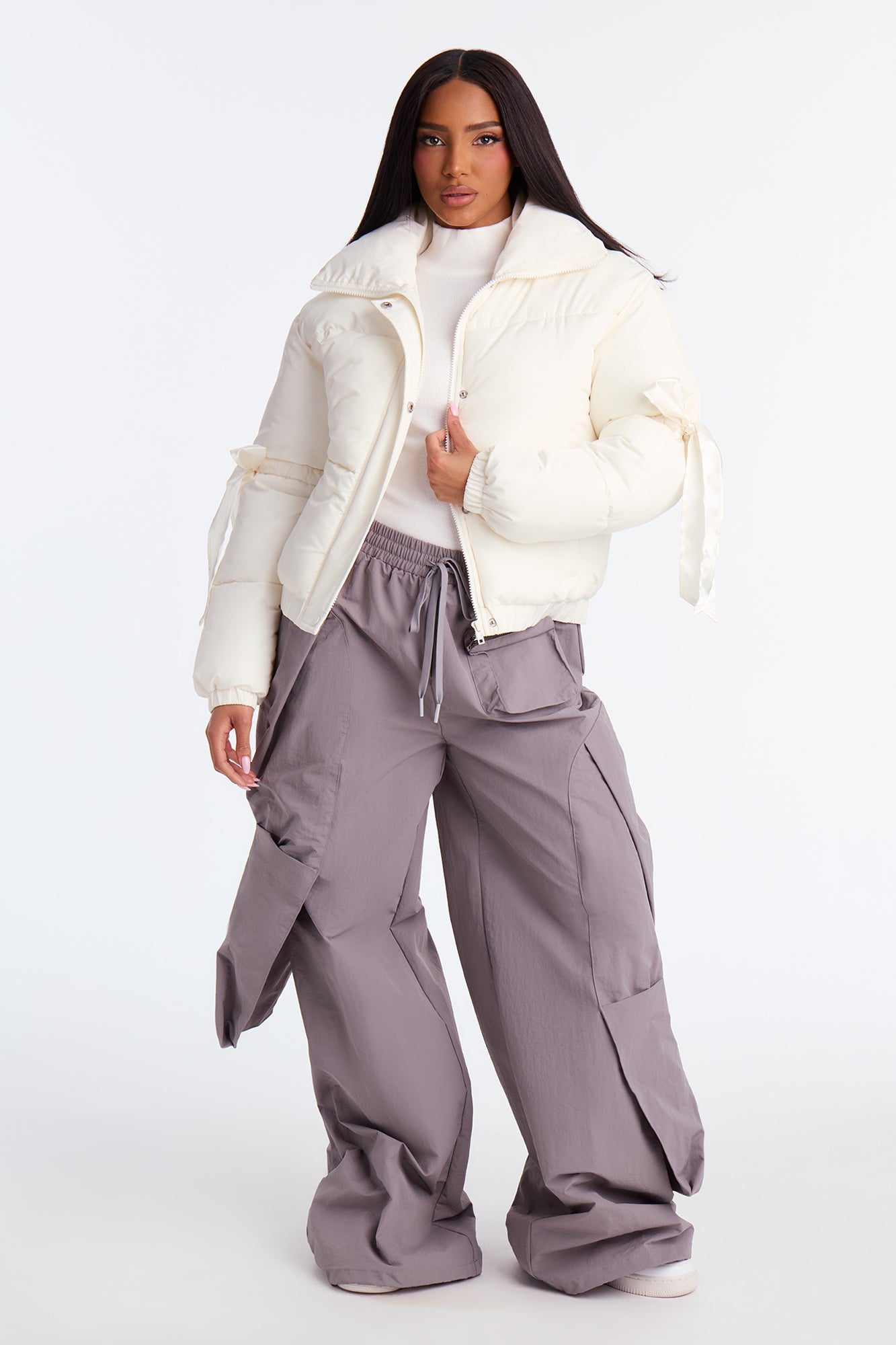 Coquette Touch Bow Puffer Jacket - Ivory