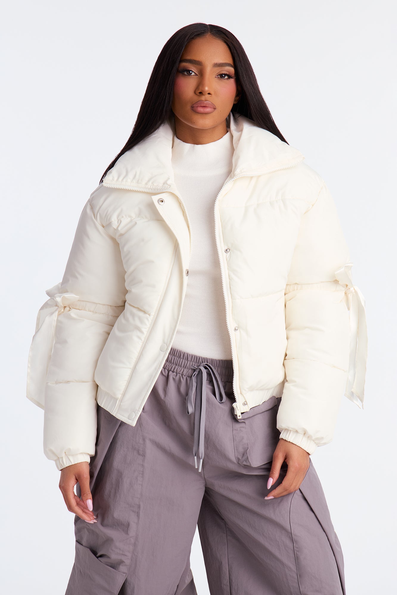 Coquette Touch Bow Puffer Jacket - Ivory
